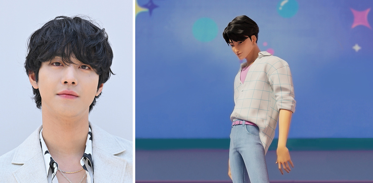 Diptych featuring a headshot of Ahn Hyo-seop and an animated still of Jinu in ‘Kpop Demon Hunters’