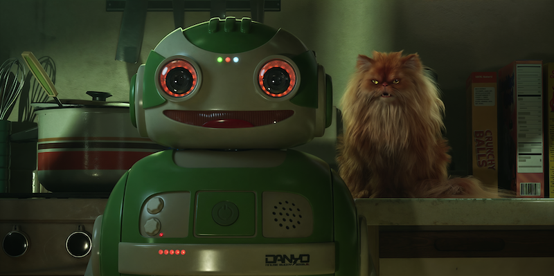 A cheerful green robot with glowing red eyes stands in a kitchen, while a grumpy-looking, fluffy orange cat sits on the counter next to cereal boxes labeled "CRUNCHY BALLS."