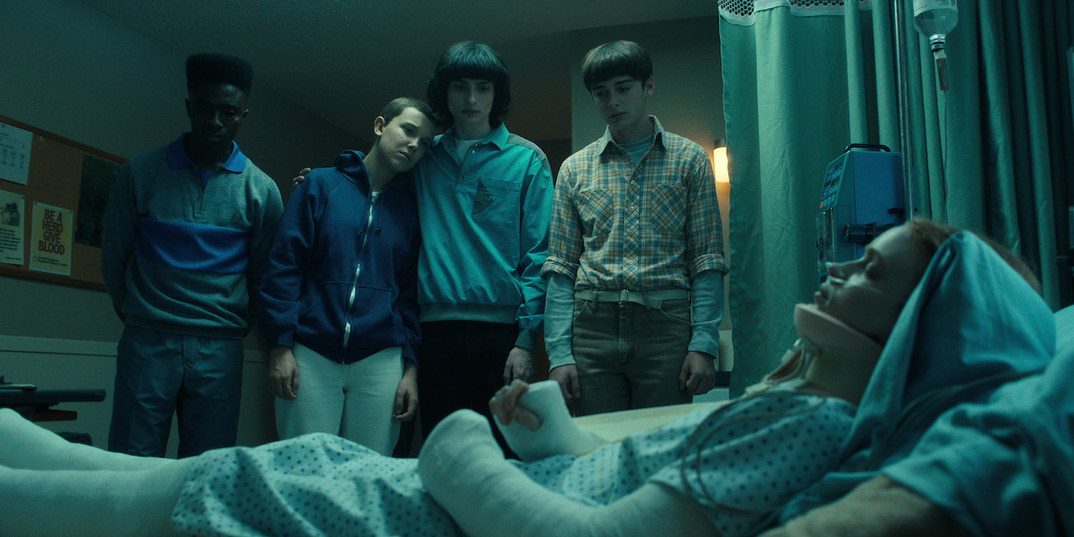 Caleb McLaughlin as Lucas Sinclair, Millie Bobby Brown as Eleven, Finn Wolfhard as Mike Wheeler, Noah Schnapp as Will Byers, and Sadie Sink as Max Mayfield in ‘Stranger Things’ Season 4.