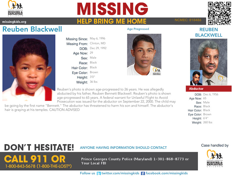 Reuben Blackwell is wanted for the 1996 kidnapping of his son, Reuben Bennett Blackwell. 