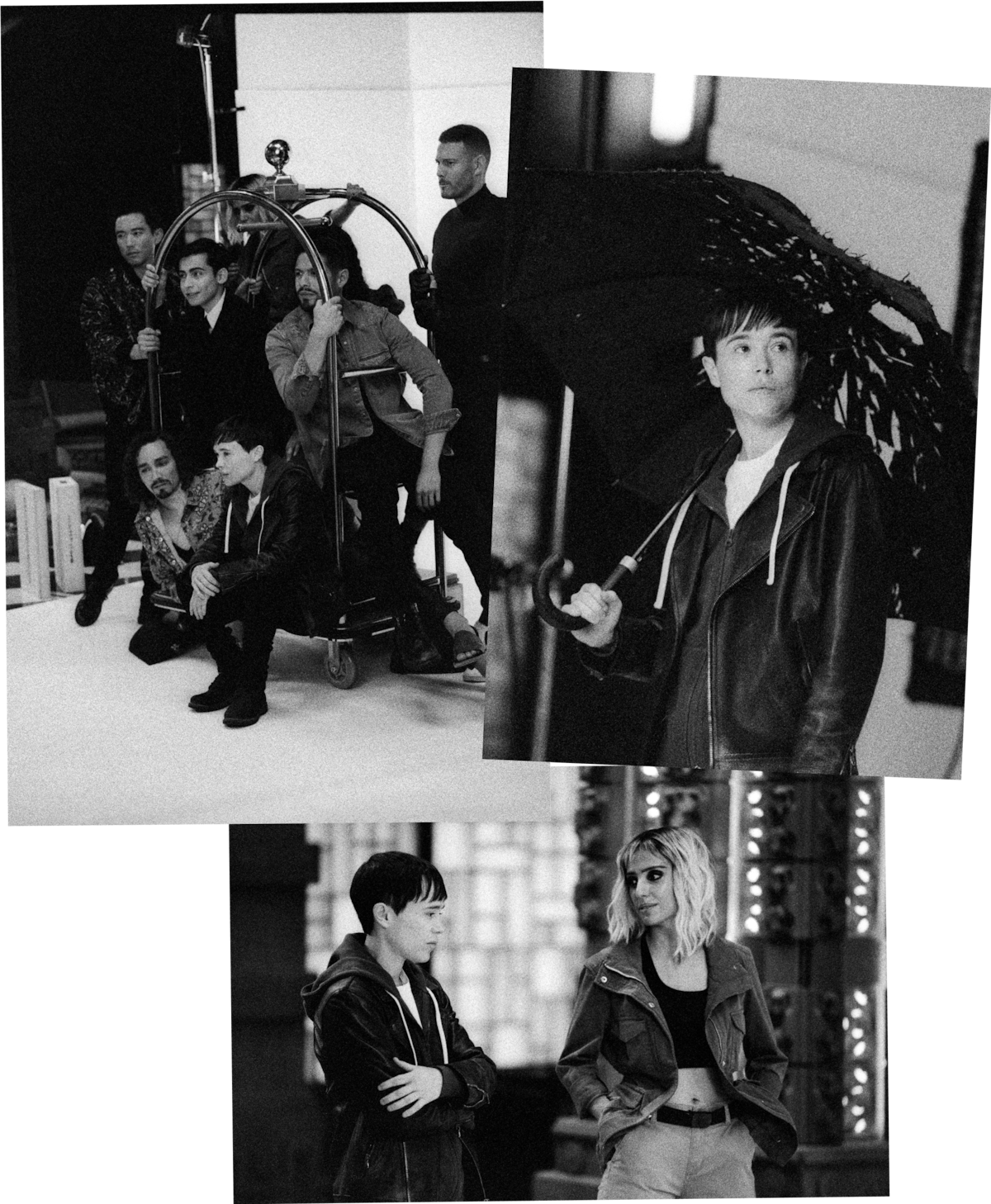 Black-and-white photos of ‘The Umbrella Academy’ cast behind the scenes.