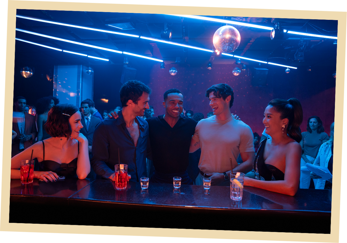 Lily Collins as Emily, Eugenio Franceschini as Marcello, Lucien Laviscount as Alfie, Paul Forman as Nicolas De Leon and Ashley Park as Mindy in ‘Emily in Paris’ Season 5.
