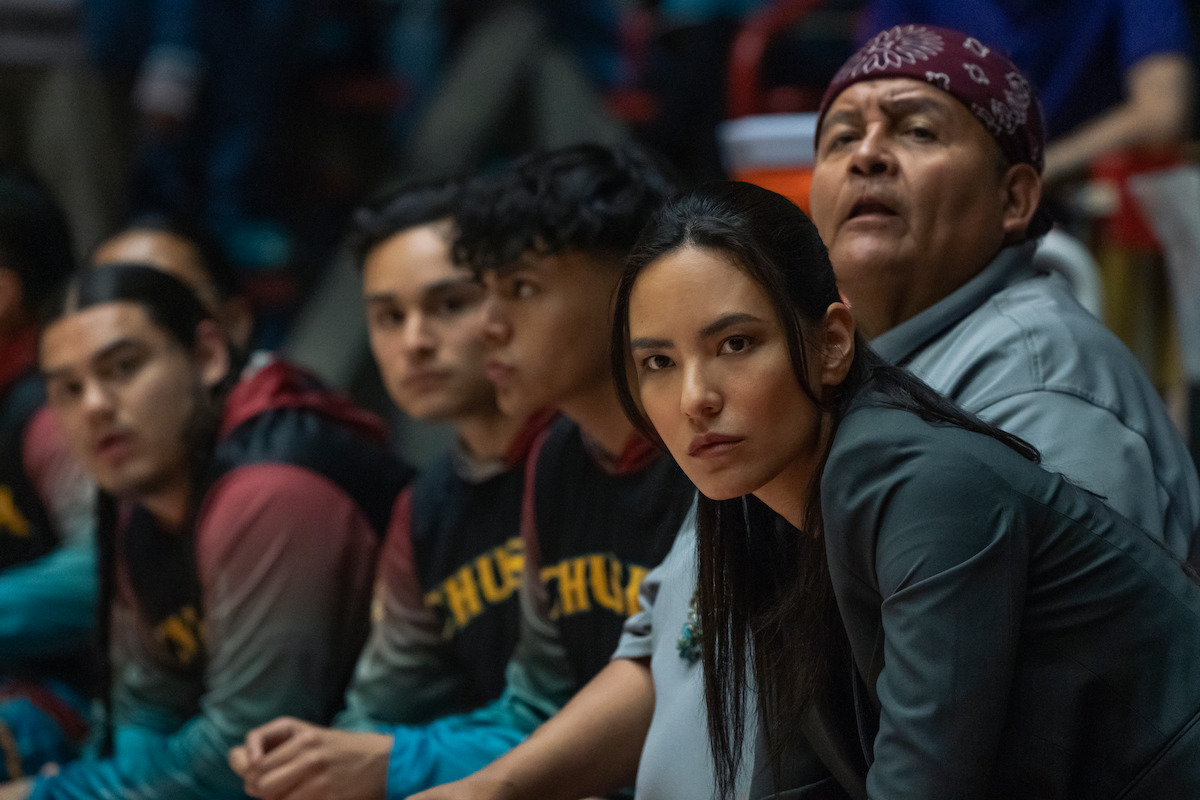 Damian Henry Castellane as Ruckus, Jaren K Robledo as Levi, Jojo Jackson as Warlance Yazzie, Jessica Matten as Heather, and Ernest Tsosie as Benny Begaye in ‘Rez Ball’