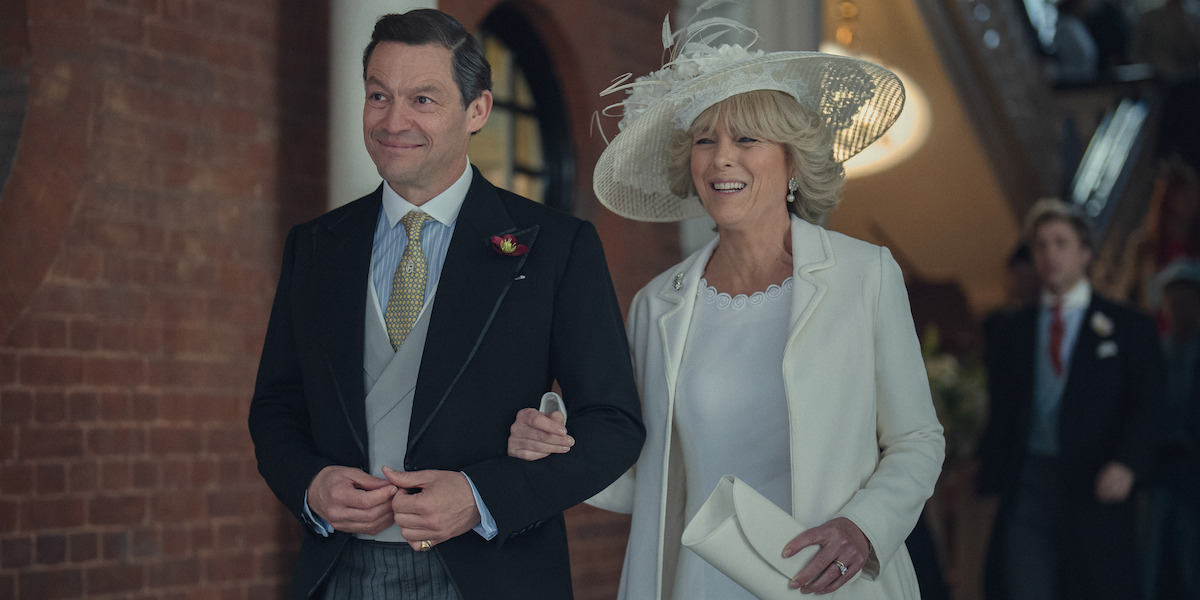 Dominic West as Prince Charles and Olivia Williams as Camilla on their wedding day in Season 6, Part 2 of ‘The Crown.’