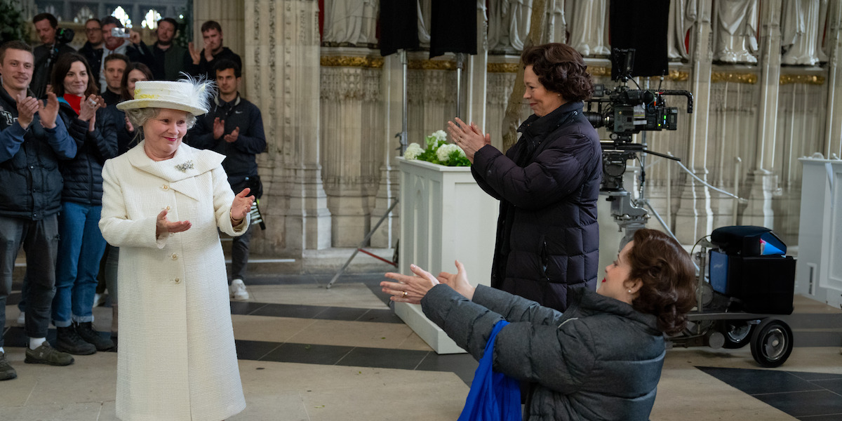 Imelda Staunton, Elizabeth Colman, and Claire Foy applaud each other on the final day on set in Season 6, Part 2 of ‘The Crown.’