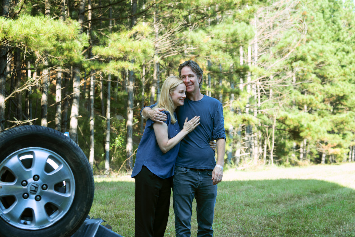'Ozark' showrunner Chris Mundy embraces Laura Linney on the set