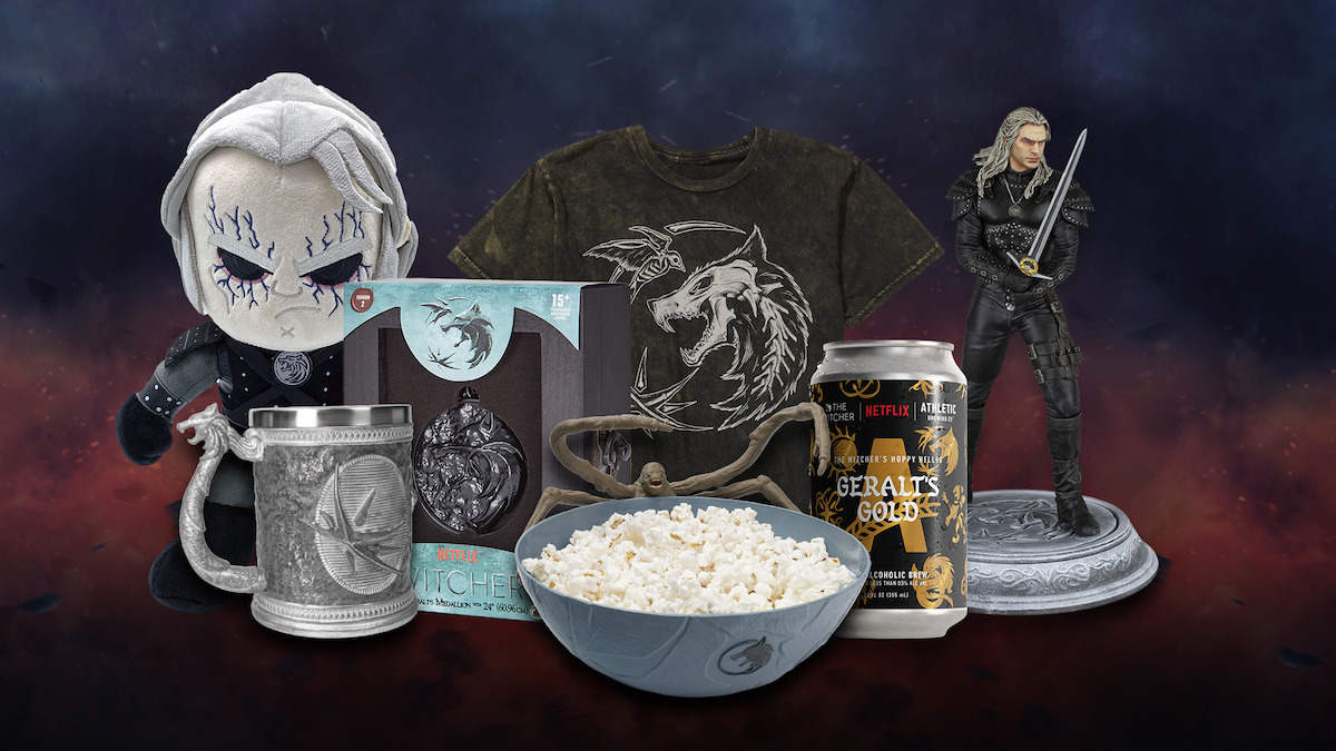 The Witcher Shop with plush, medallion, popcorn bowl, statue of Geralt and t-shirt