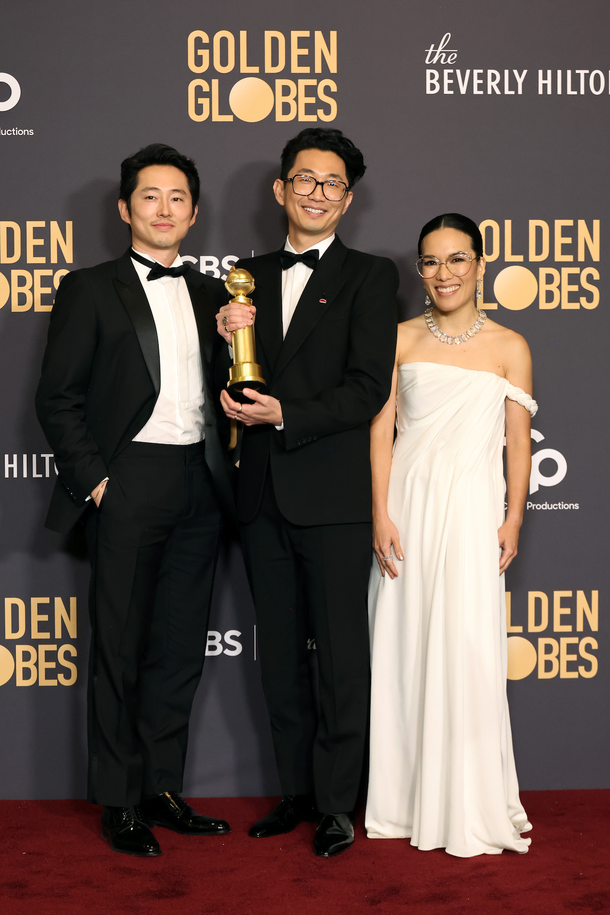 Steven Yeun, Lee Sung Jin and Ali Wong, winners of the Best Performances in a Limited Series, Anthology Series, or Motion Picture Made for Television and Limited Series, Anthology Series, or Motion Picture Made for Television award for "Beef" pose in the press room during the 81st Annual Golden Globe Awards at The Beverly Hilton on January 07, 2024 in Beverly Hills, California.