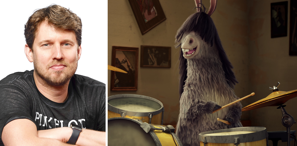 L: Jon Heder, R: Reggie plays the drums in ‘Thelma and the Unicorn.’