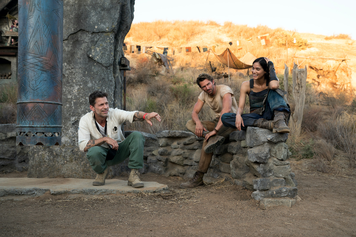 Zack Snyder, Michiel Huisman as Gunnar, and Sofia Boutella as Kora.