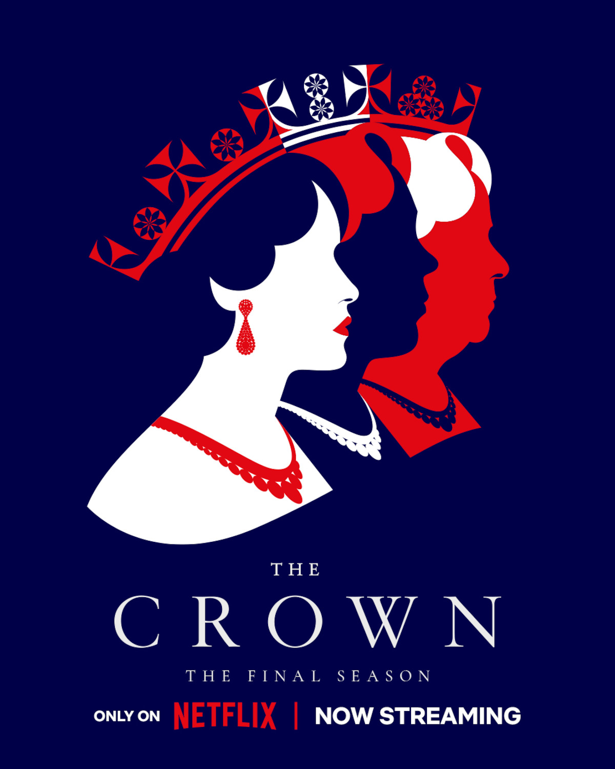 Key art for Season 6 of ‘The Crown’ featuring silhouettes of the three actresses who played Queen Elizabeth II.