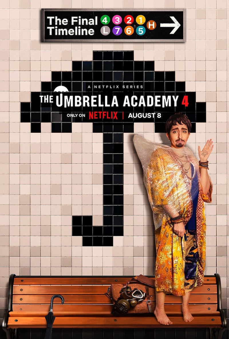 A cosplay of Klaus standing in front of The Umbrella Academy Season 4 poster made up to look like a subway station. 