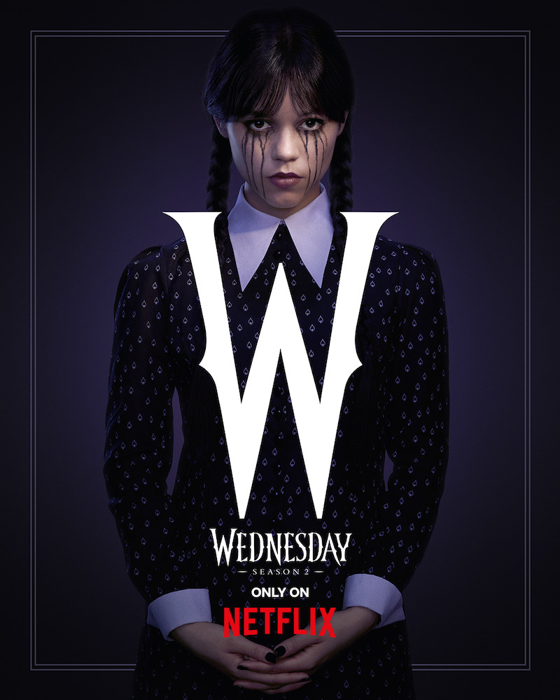 Key Art for 'Wednesday' Season 2 featuring Jenna Ortega as Wednesday Addams.