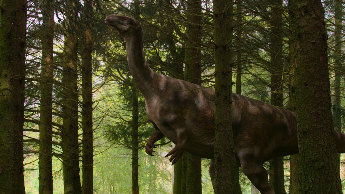 CGI Plateosaurus walking through trees.