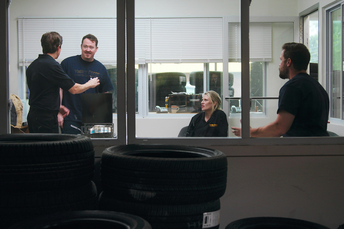 Steve Gerben as Will, Shane Gillis as Shane, Kilah Fox as Kilah, and Chris O’Connor as Cal in ‘Tires’ Season 1.