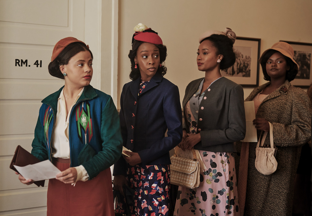 Sarah Jeffrey as Dolores Washington, Ebony Obsidian as Lena Derriecott King, Pepi Sonuga as Elaine White, and Shanice Shantay as Johnnie Mae in ‘The Six Triple Eight’