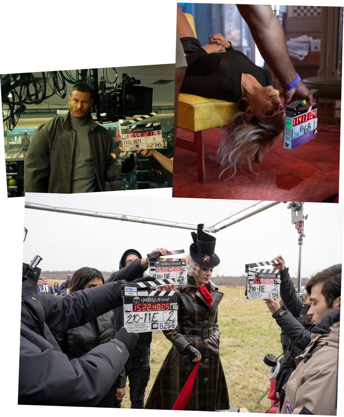 Tom Hopper as Luther Hargreeves, Ritu Arya as Lila Pitts, and Kate Walsh as The Handler of ‘The Umbrella Academy’ series posing behind the scenes during production.