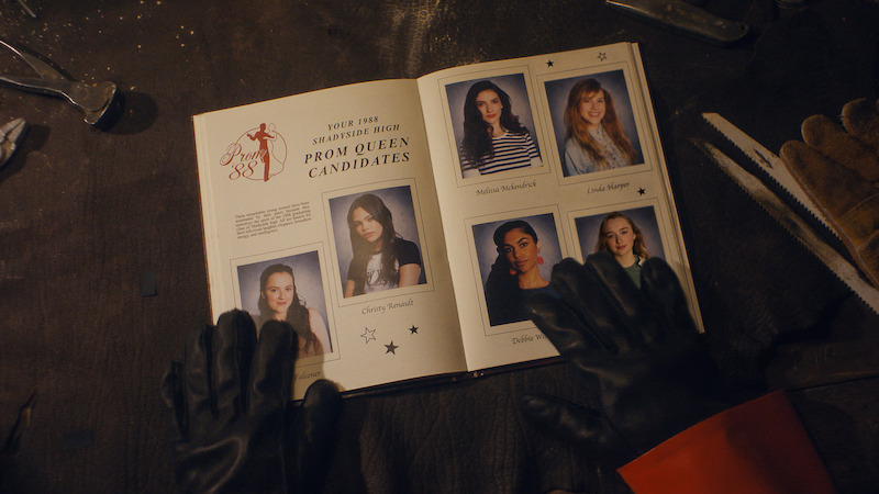 Fina Strazza as Tiffany Falconer, Ariana Greenblatt as Christy Renault, Ella Rubin as Melissa McKendrick, Ilan O’Driscoll as Linda Harper, Rebecca Ablack as Debbie Winters and India Fowler as Lori Granger in Fear Street: Prom Queen. 