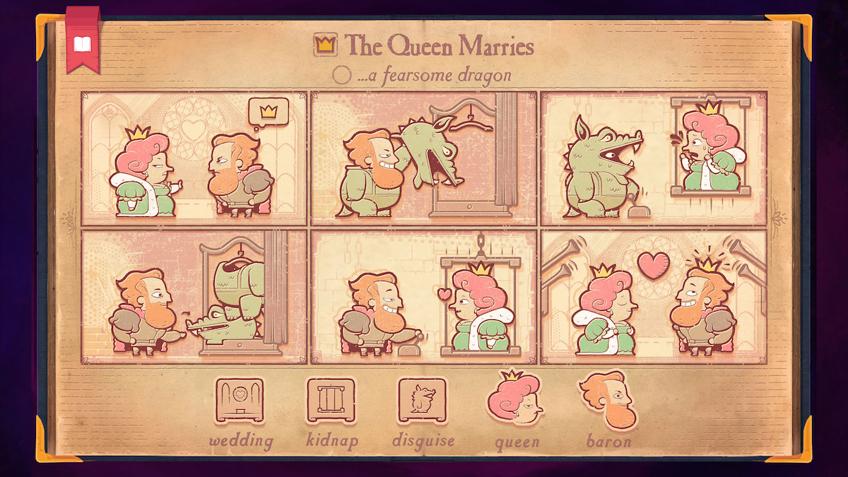 An in-game screenshot of an open book. We see the text “The Queen Marries” written above the subtext “… a fearsome dragon”. Below is a comic strip illustration of a queen marrying a dragon who then turns into a handsome baron.
