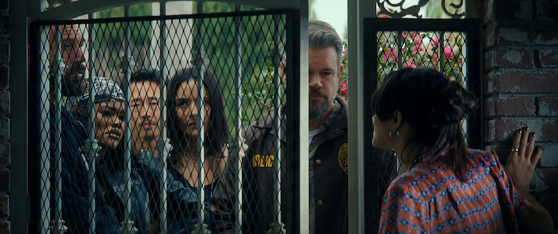 Ben Affleck, Teyana Taylor, Steven Yeun, Catalina Sandino Moreno, Matt Damon, and Sasha Calle in 'The Rip.'