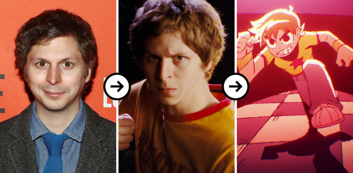 Triptych of images showing a headshot of Micheal Cera, Michael Cera as Scott Pilgrim in ‘Scott Pilgrim vs. The World,’ and Michael Cera as Scott Pilgrim in ‘Scott Pilgrim Takes Off’ 