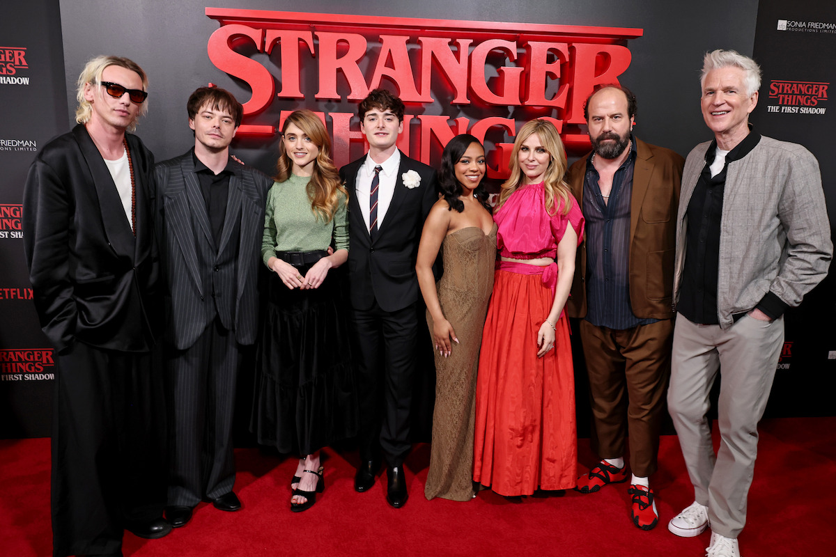 Jamie Campbell Bower, Charlie Heaton, Natalia Dyer, Noah Schnapp, Priah Ferguson, Cara Buono, Brett Gelman, and Matthew Modine attend the ‘Stranger Things: The First Shadow’ Broadway opening night at Marquis Theatre.