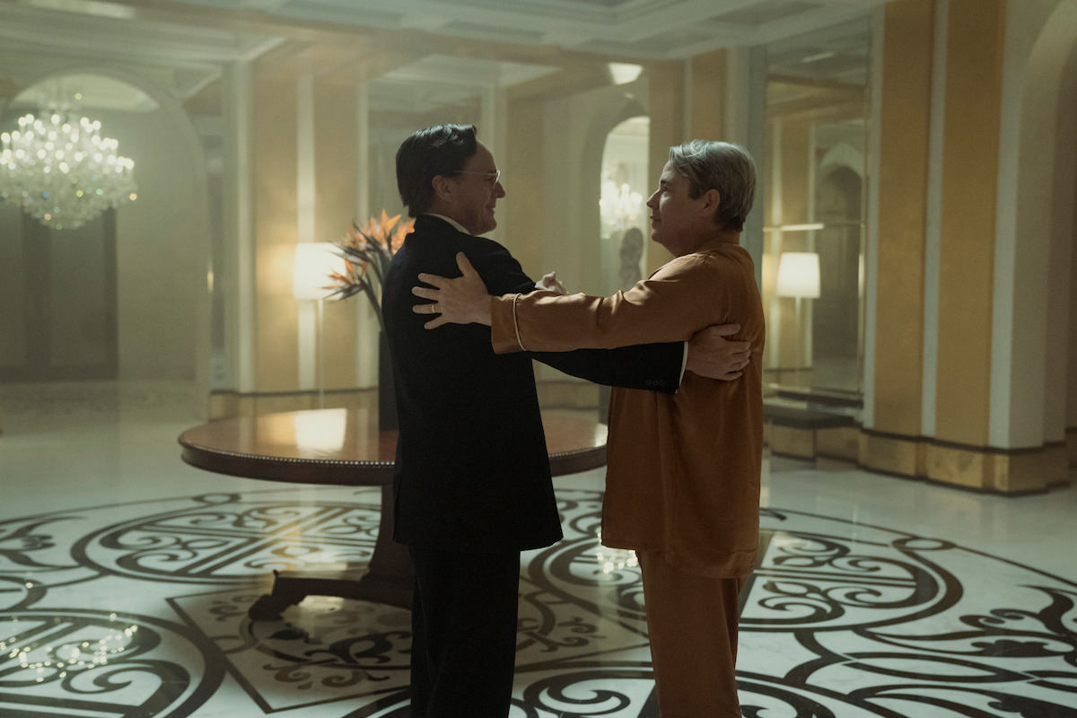 Clark Gregg as Arthur Sackler Sr. and Matthew Broderick as Richard Sackler dance together in Season 1 of ‘Painkiller.’