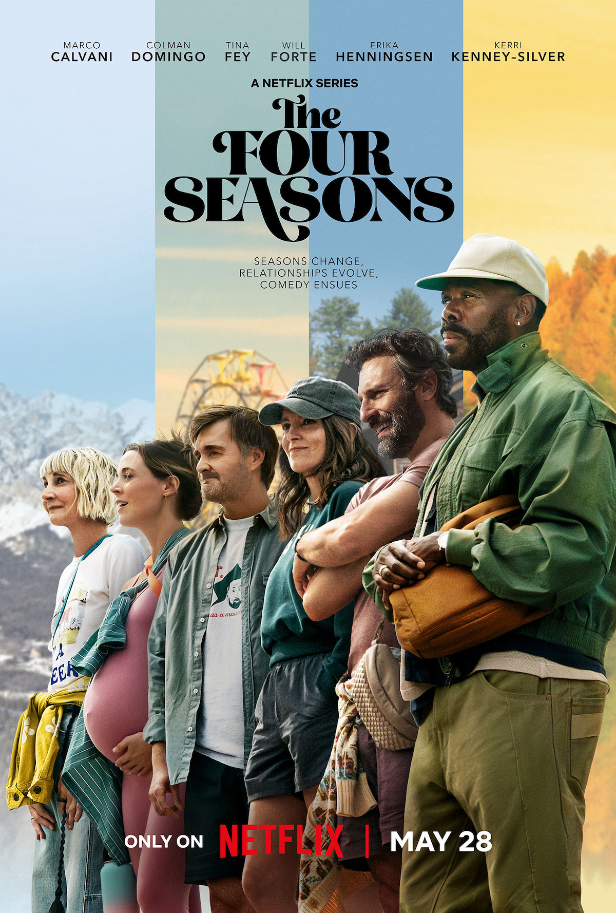 Six people in casual outdoor clothing stand together with changing seasonal landscapes behind them, promoting Netflix series "The Four Seasons" with a release date of May 28.