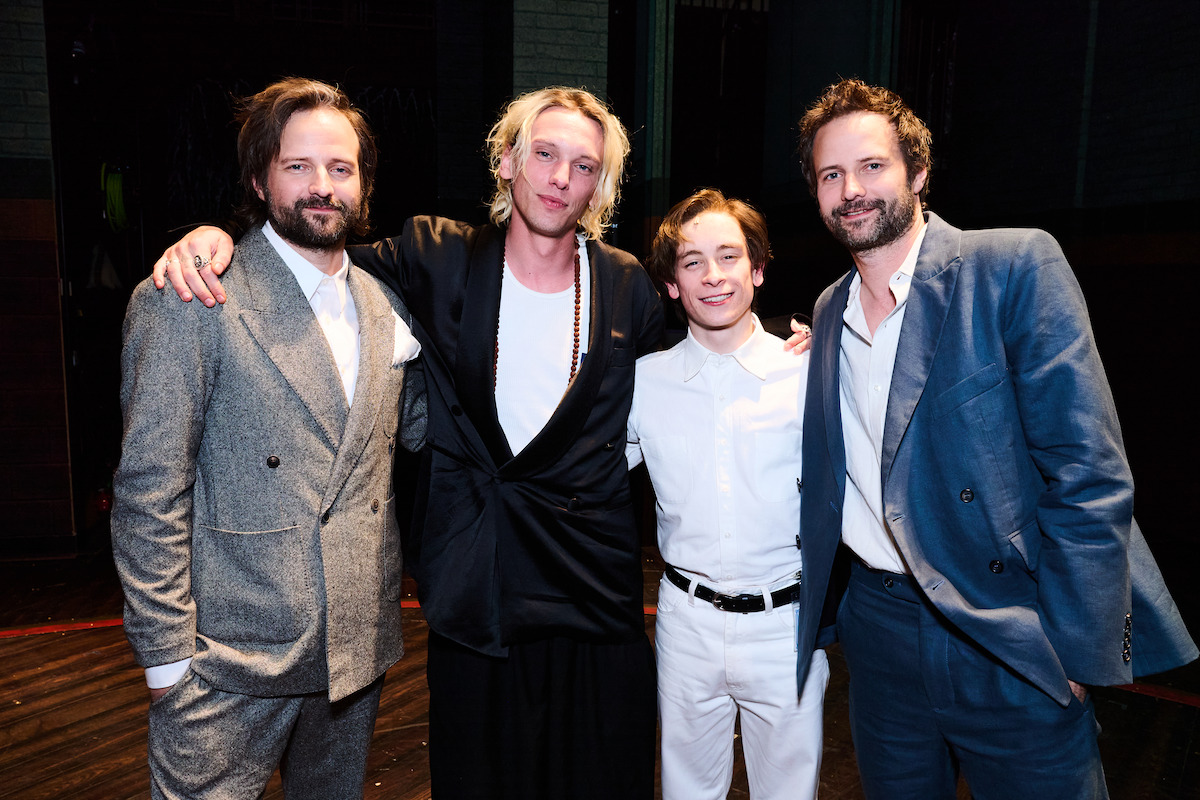 Matt Duffer, Jamie Campbell Bower, Louis McCartney, and Ross Duffer attend the ‘Stranger Things: The First Shadow’ Broadway opening night at Marquis Theatre in New York.