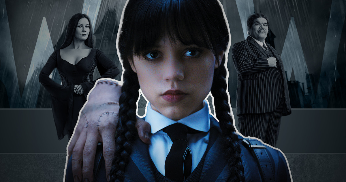 Photo collage of Morticia Addams, Thing, Wednesday Addams and Gomez Addams.