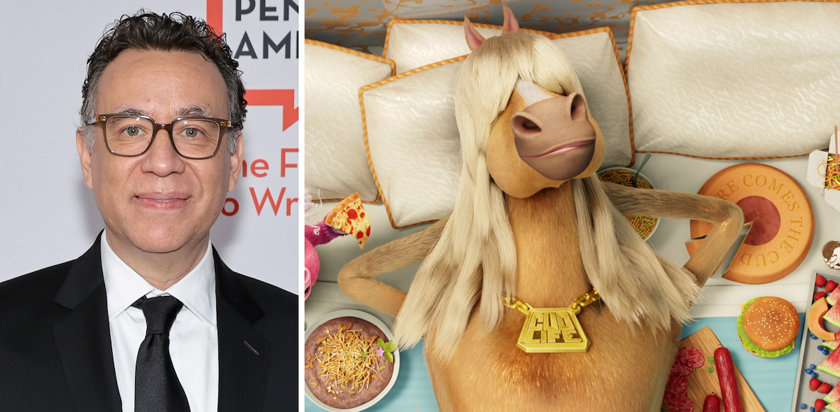 L: Fred Armisen, R: Danny Stallion lounges in bed surrounded by food in ‘Thelma and the Unicorn.’