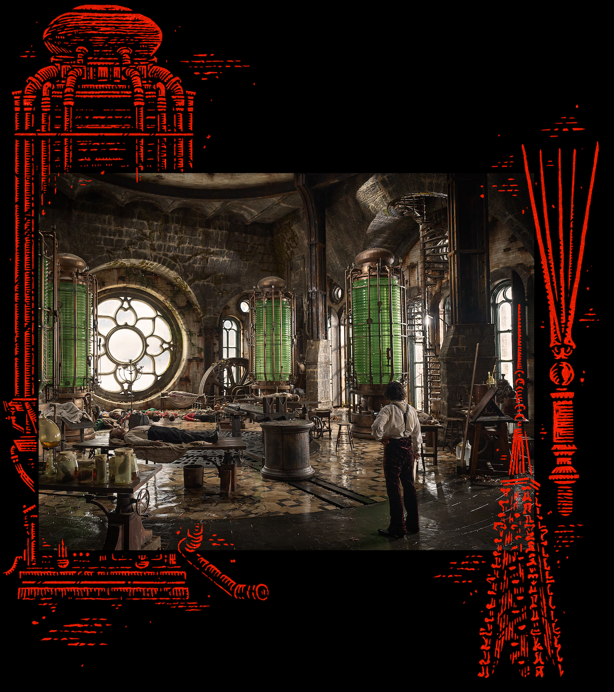 A person in a vintage laboratory with large green tanks, stone walls, industrial equipment, and a round window, creating a moody, steampunk atmosphere. Red illustrated architectural borders frame the scene.