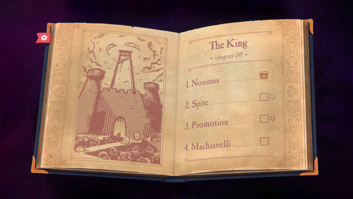 An open, old book with brown pages. On the left hand page we see an illustration of a castle, and on the right hand side we see “The King” written above “chapter 10”. The following subchapters are below: “1. Noxious, 2. Spite, 3. Promotion, 4. Machiavelli”