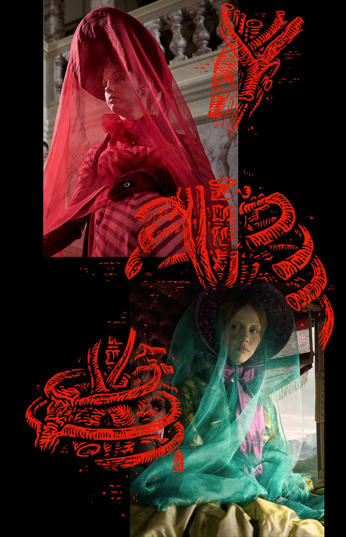 Two figures in elaborate, historical outfits with red and green veils in a grand interior, juxtaposed with abstract red illustrations, creating a surreal, dramatic, and mysterious atmosphere.