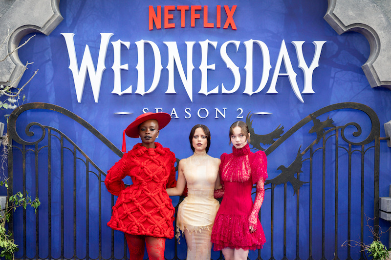 Joy Sunday, Jenna Ortega, and Emma Myers attend the global premiere of 'Wednesday' Season 2, Part 1.