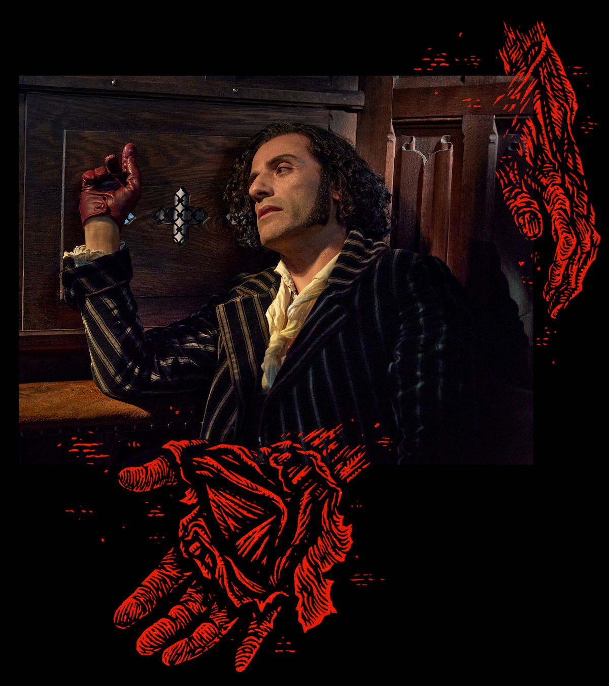 A somber man in vintage clothing sits against dark wood panels, his hand bloody, with a pained expression. The scene is dramatic and gothic, with red illustrated hands overlaying the image, creating a chilling, eerie mood.
