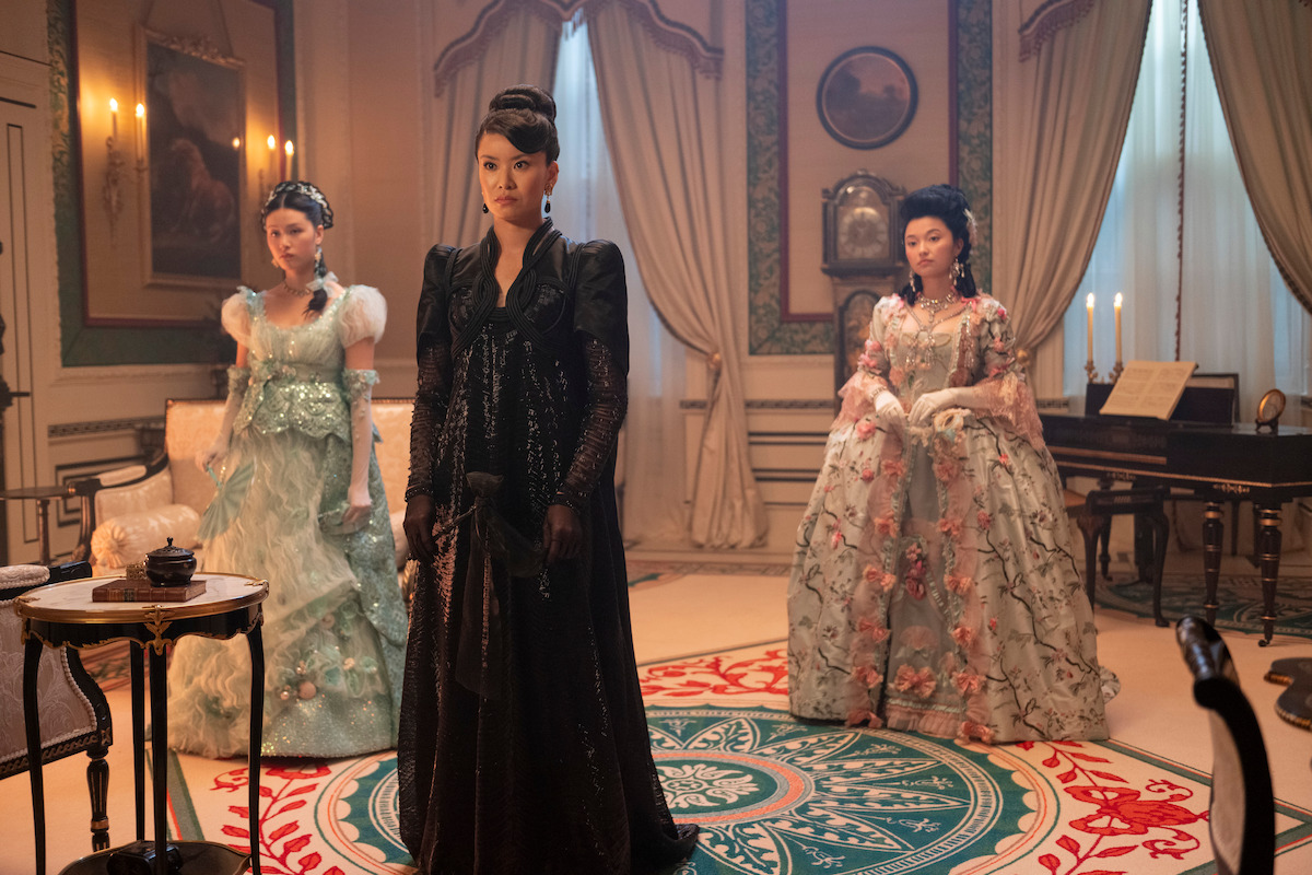 Isabella Wei as Posy Li, Katie Leung as Lady Araminta Gun, and Michelle Mao as Rosamund Li in ‘Bridgerton’ Season 4.