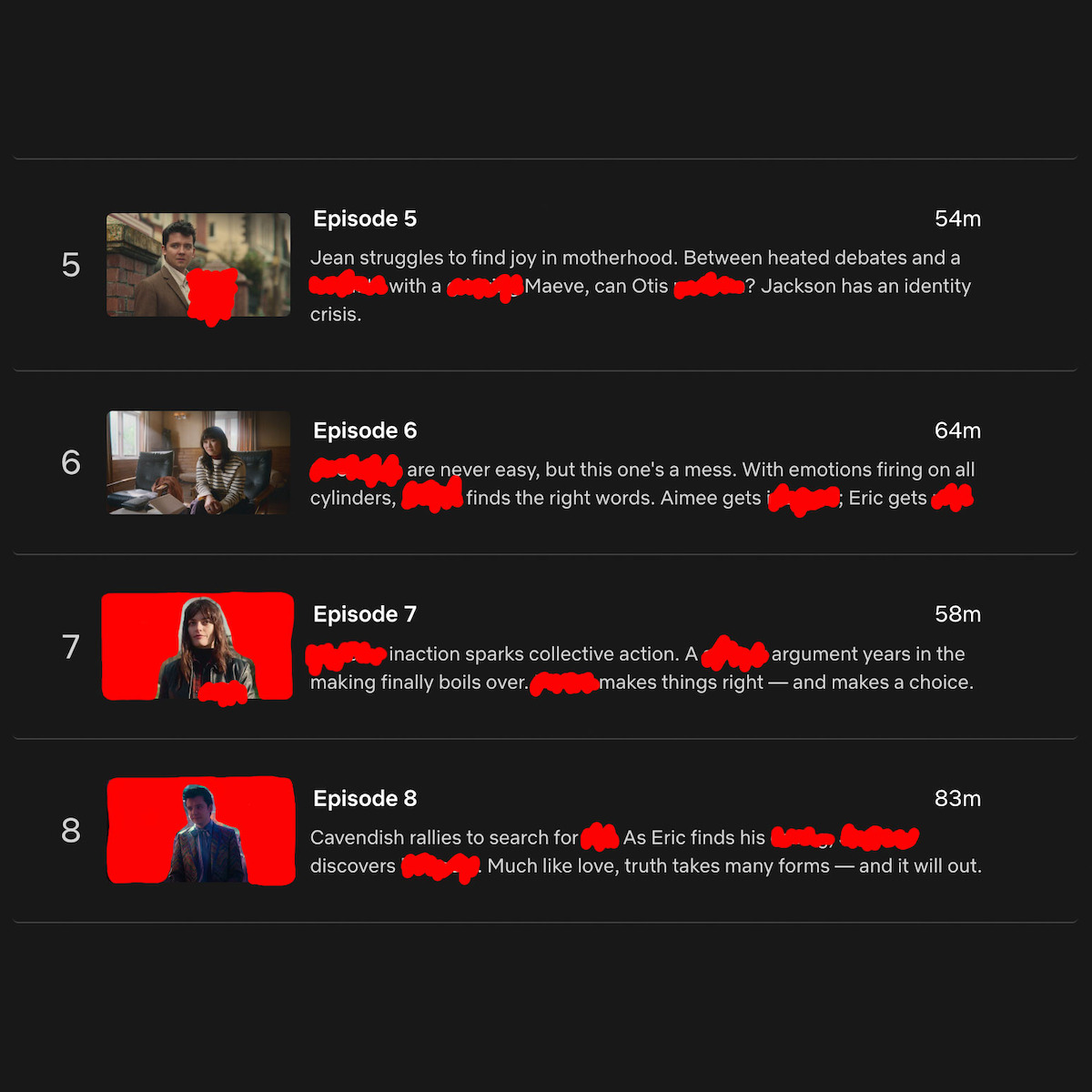 Episode image thumbnails and synopsis text for Sex Education Season 4