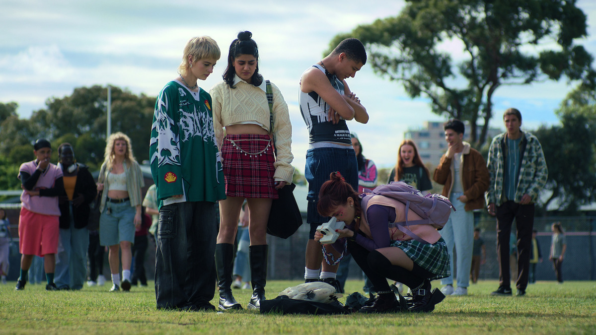 Asher Yasbincek as Harper, Ayesha Madon as Amerie, James Majoos as Darren, and Chloe Hayden as Quinni in Season 2 of ‘Heartbreak High’