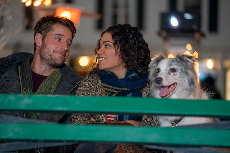 Jake (Justin Hartley), Rachel (Barrett Doss) and their furry sidekick ring in the season with a sleigh ride.