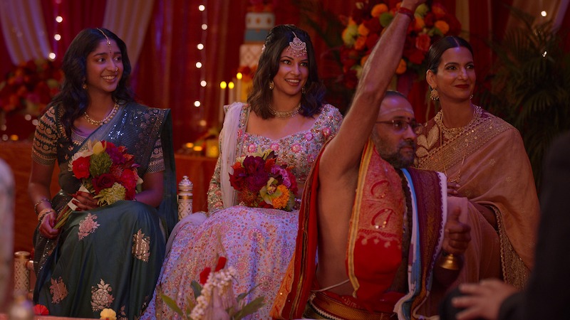 Maitreyi Ramakrishnan as Devi, Richa Moorjani as Kamala and Poorna Jagannathan as Nalini Vishwakumar