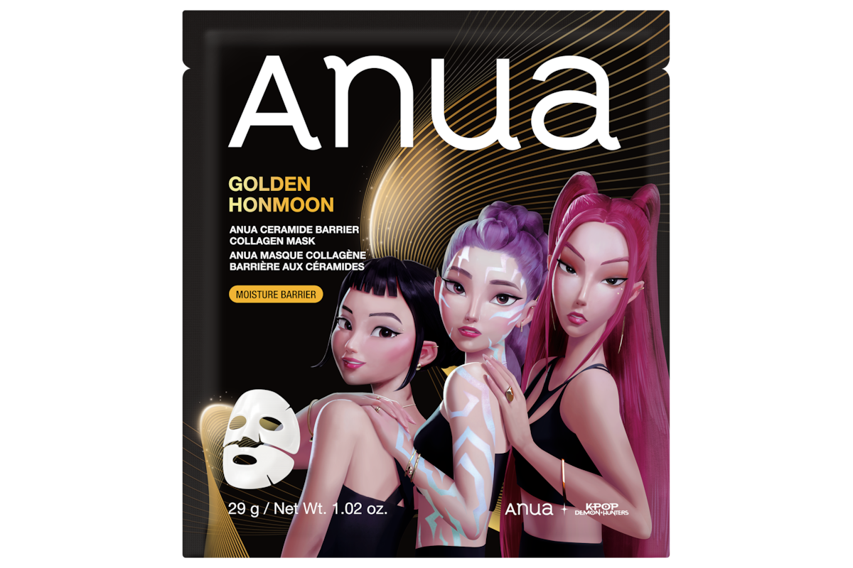 Three animated women with various hairstyles and makeup are posing together on a black and gold packaged Anua ceramide barrier collagen mask, with product details and a mask illustration shown.