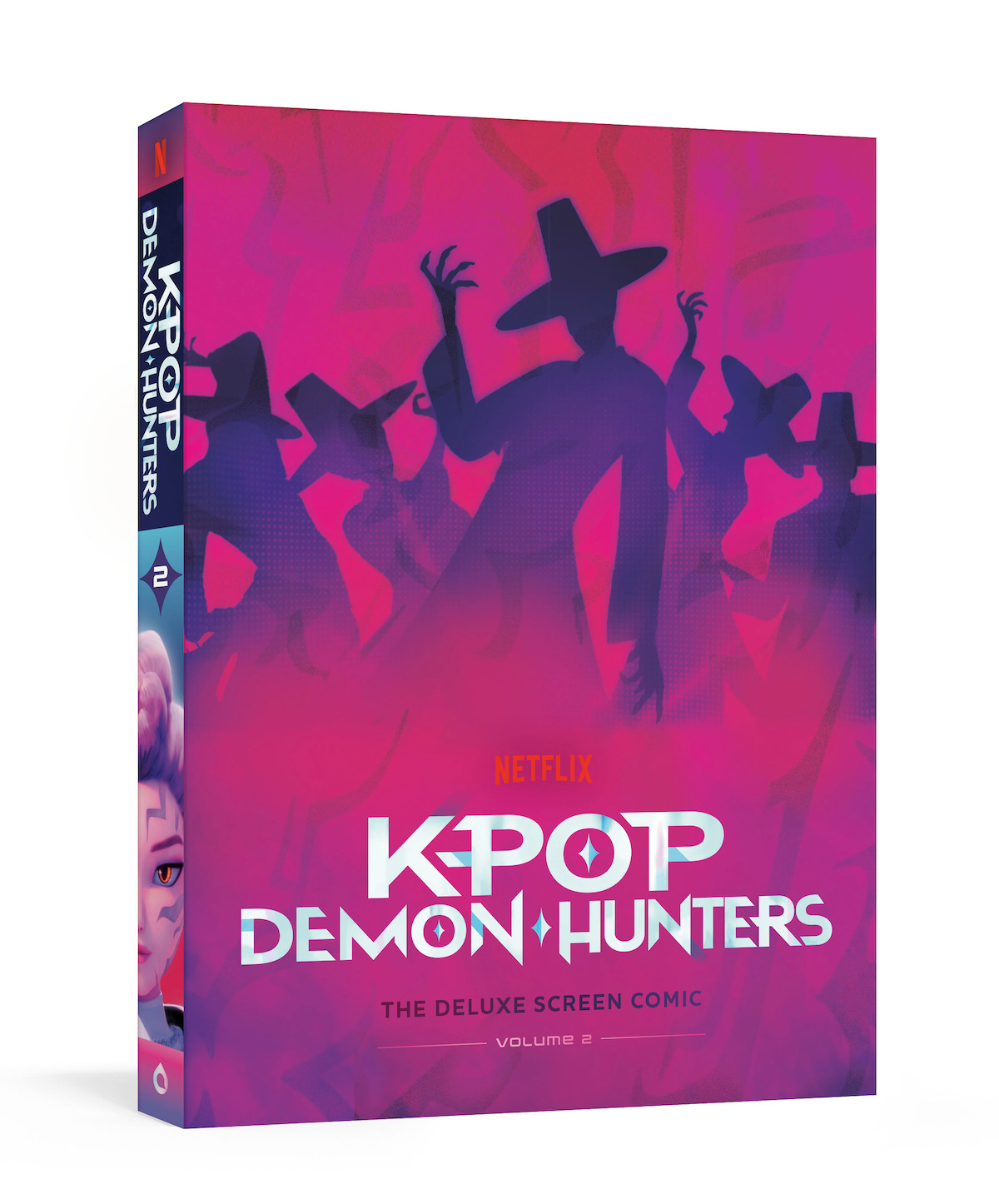 Comic book cover for "KPOP Demon Hunters" with stylized figures in hats dancing, set against a pink and purple abstract background, includes Netflix branding and title text, with part of a character's face on the book spine.
