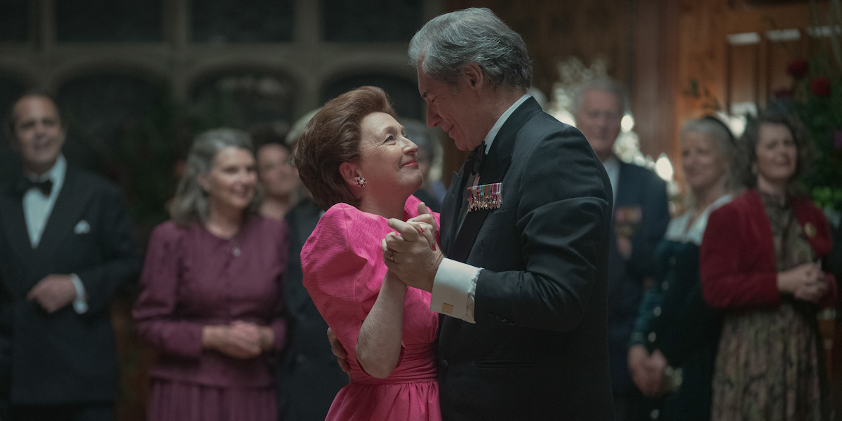 Lesley Manville as Princess Margaret dancing with her husband