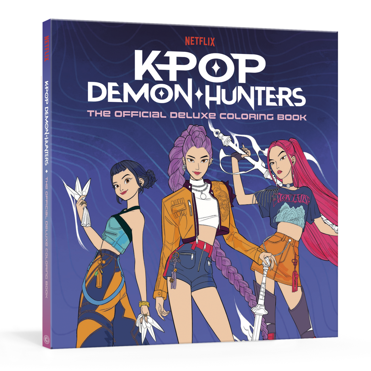 Cover of Netflix's "KPOP Demon Hunters: The Official Deluxe Coloring Book," featuring three animated female characters in stylish outfits with a purple, blue, and red color scheme and dynamic action poses against a graphic background.