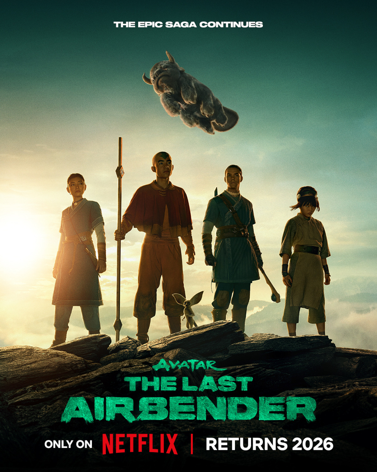 Key Art for ‘Avatar: The Last Airbender’ Season 2 featuring Kiawentiio Tarbell as Katara, Ian Ousley as Sokka, Gordan Cormier as Aang, and Miya Cech as Toph.