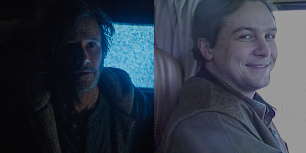 Split image: on the left, a man with messy hair sits in a dim, shadowy room lit by TV static; on the right, a smiling man sits in a bright, sunlit vehicle interior. Contrasting moods and lighting.