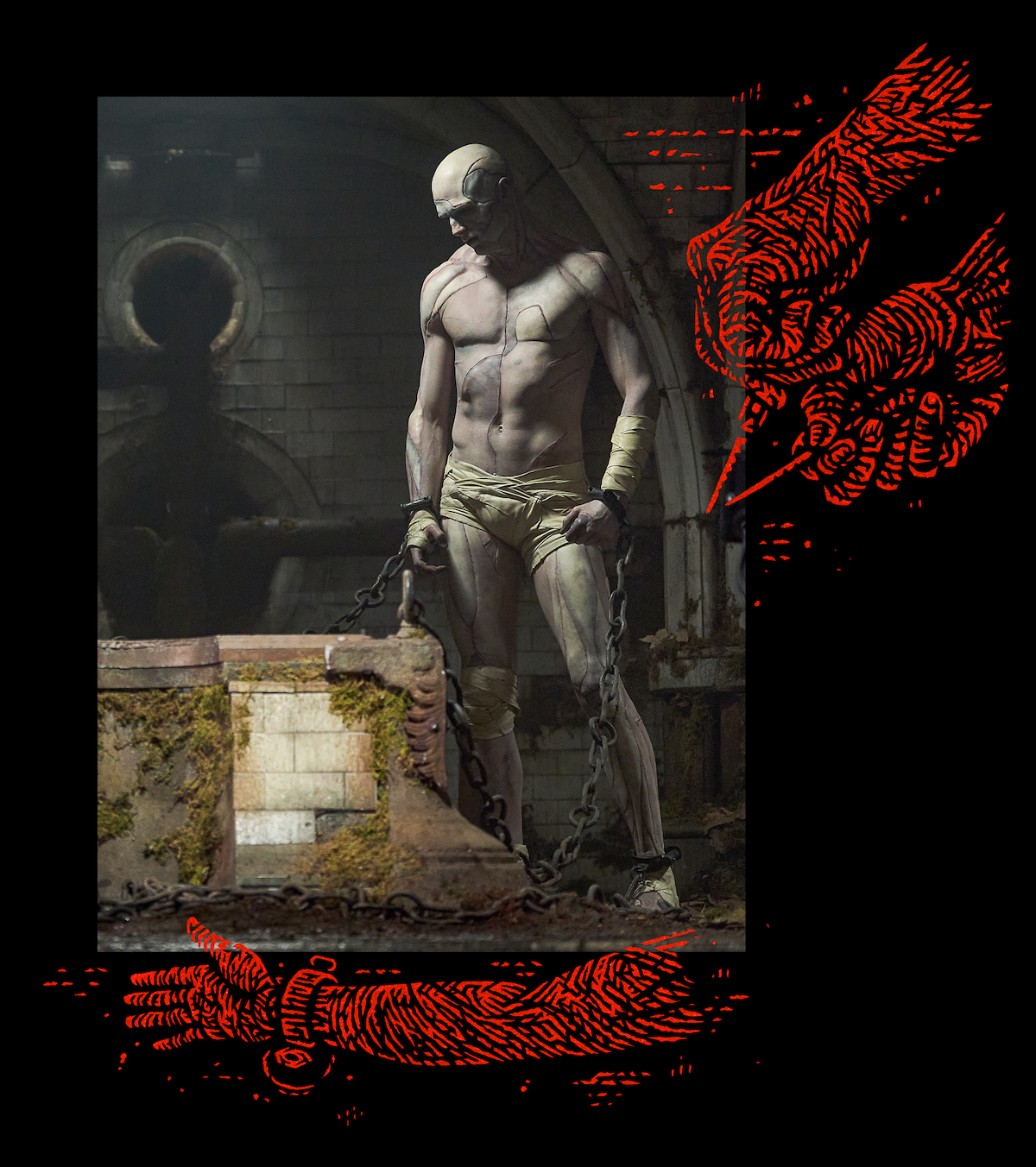A humanoid figure with pale skin and minimal clothing stands chained in a dim, decaying industrial setting, evoking a somber and haunting mood. Red illustrated hands frame the image for a surreal effect.