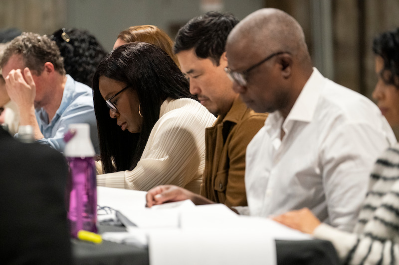 Uzo Aduba as Cordelia Cupp, Randall Park as Edwin Park and Andre Braugher as A.B. Wynter at the table read for The Residence.