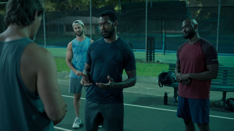 Justin Bruening as Cal, Hunter Burke as Trotter, Dion Johnstone as Erik, Frank Oakley III as Harlan Bixby in episode 302 of Sweet Magnolias.